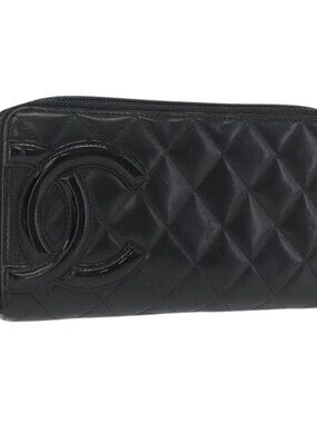 CHANEL Cambon Line Long Wallet Calf Skin Black CC Auth 173018